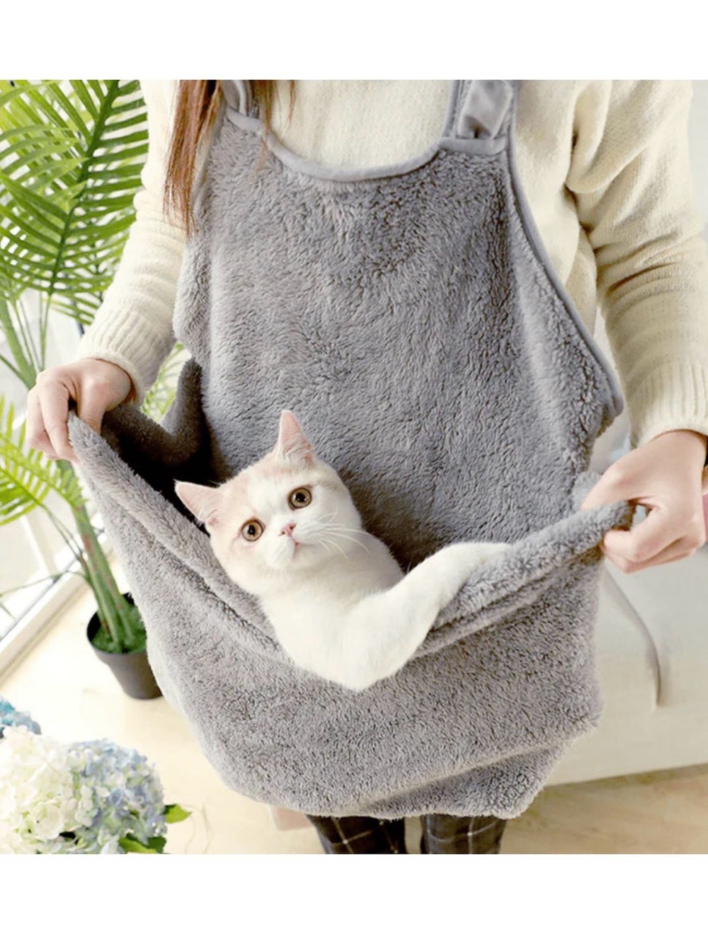 Gray Plush Cat Hammock Apron - Cozy Pet Sling
